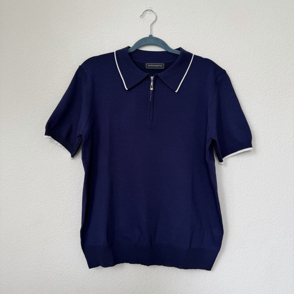 Navy Short Sleeve Zip Polo with White Trim Viscose Women’s Large New